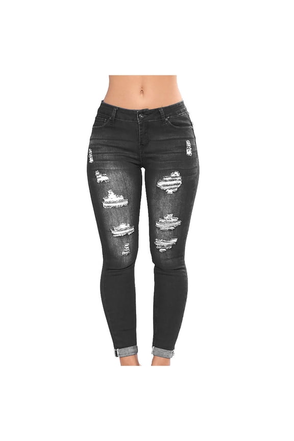 Ripped Hole Jeans for Women High Waist Butt Lifting Jeggings Casual Slim Fit Vintage Denim Pants with Pockets Black,XXL