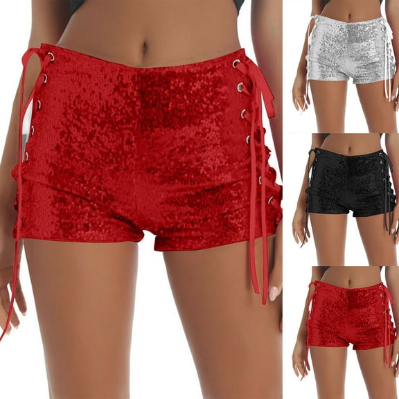 Pxkloy Sequin Shorts for Women High Rise Side Lace-Up Glitter Short Solid Elastic Waist Sparkle Cocktail Night Out Shorts Red,S