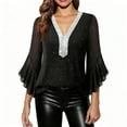 thumbnail image 1 of Pxkloy Sequin Tops for Women Party Night Casual Work Shirts 3/4 Ruffle Sleeve V Neck Blouses Mesh Fall Fashion Outfits Black,S, 1 of 7