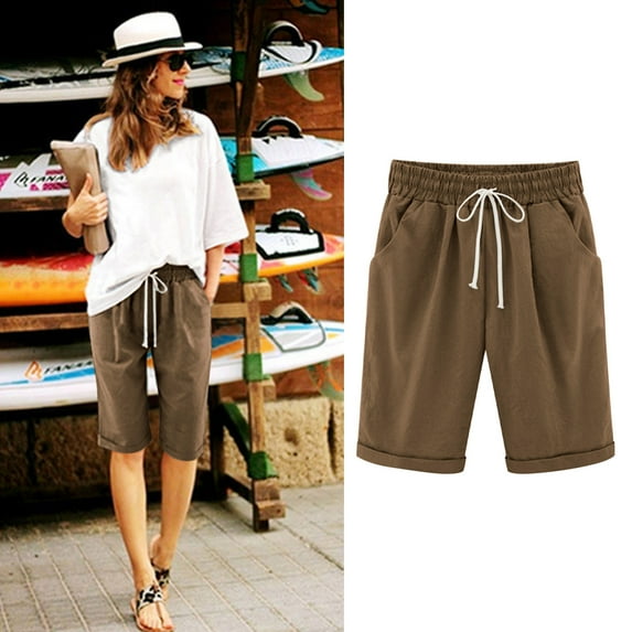 Pxkloy Shorts for Women Knee Length,Ladies Bermuda Shorts Clearance Sale Cotton Shorts for Women Plus Size Loose Fit Bermuda Shorts Lounge Shorts with Pockets Coffee,XXL