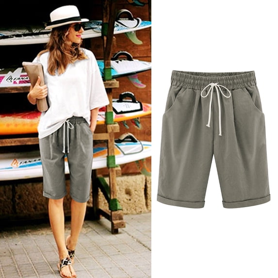 Pxkloy Shorts for Women Knee Length,Ladies Bermuda Shorts Clearance Sale Cotton Shorts for Women Plus Size Loose Fit Bermuda Shorts Lounge Shorts with Pockets Gray,XXXL