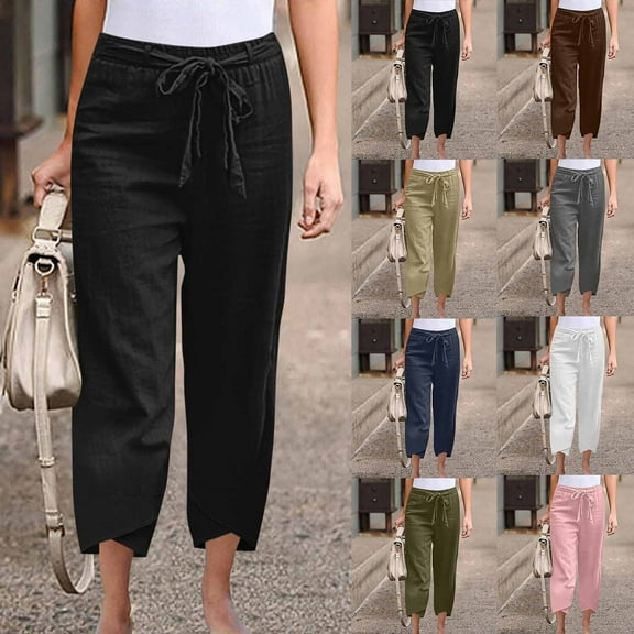 Pxkloy Side Split Linen Pants Women High Waisted Straight Wide Leg Casual Beach Pants Solid Color Elastic Waist Summer Loose Pants with Pockets Pink,M