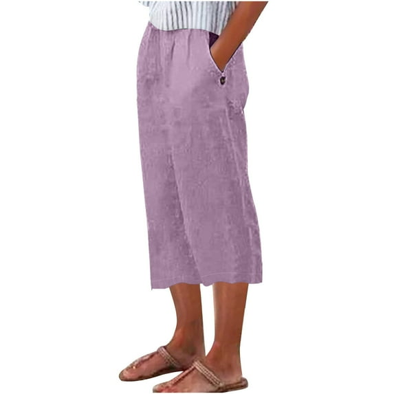 Pxkloy Solid Color Capri Pants for Women,Women's Casual Lantern Tapered Harem Pants Loose Fit Style Flax Ankle Trousers Summer Baggy Slacks with Pocket Purple