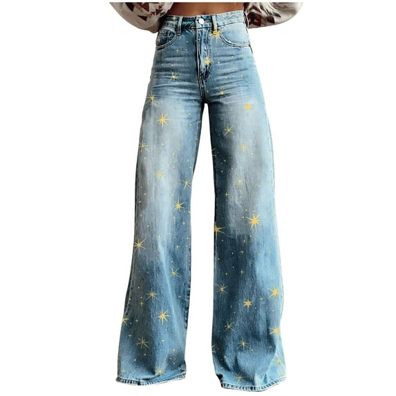 Pxkloy Stars Print Denim Jeans for Women Plus Size Vintage Wide Leg Twill Pants Stretchy Casual Full Length Trousers Yellow,XXXXXL