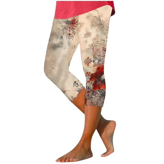 Pxkloy Summer Capri Leggings for Women Lightweight Slim Fit Yoga Capris Pants Floral Print High Waist Cropped Trouser Tummy Control Knee Length Capris 2025 Multicolor,XXXL