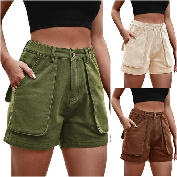 Pxkloy Summer Junior Shorts Womens High Waisted Wide Leg Casual Denim Short Trendy Loose Fit Jean Shorts for Teen Girls Khaki,L