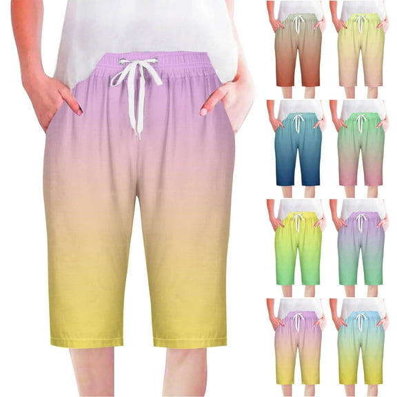 Pxkloy Summer Shorts for Women High Waisted Drawstring Casual Bermuda Short Trendy Gradient Print Comfy Knee Length Shorts Yellow,XL