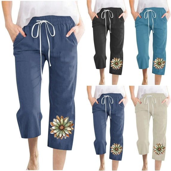 Pxkloy Sunflower Linen Capris for Women Summer Comfy High Waisted Capri Pants Casual Lightweight Straight Leg Cropped Pants with Pockets Black,XL