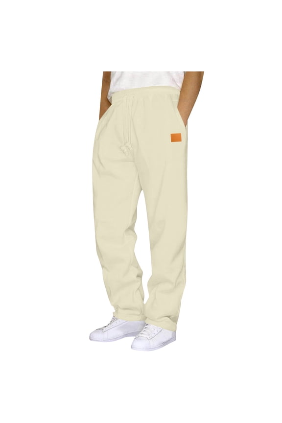 Sweatpants for Men Baggy Leather Label Straight Leg Sweatpants Elastic Waist Drawstring Plain Soft Pants Athletic Fitness Jogger Pants Beige,XXXL