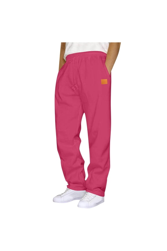 Sweatpants for Men Baggy Leather Label Straight Leg Sweatpants Elastic Waist Drawstring Plain Soft Pants Athletic Fitness Jogger Pants Hot Pink,M