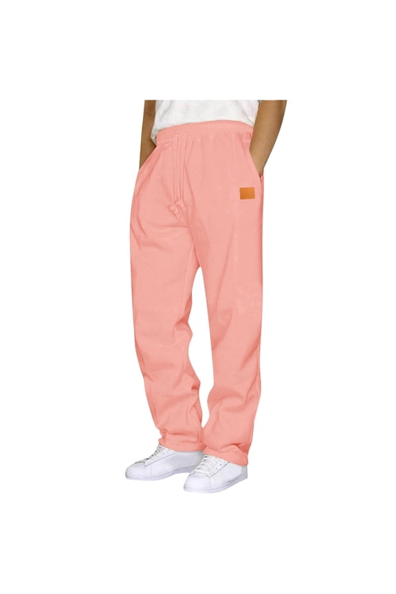Sweatpants for Men Baggy Leather Label Straight Leg Sweatpants Elastic Waist Drawstring Plain Soft Pants Athletic Fitness Jogger Pants Pink,M