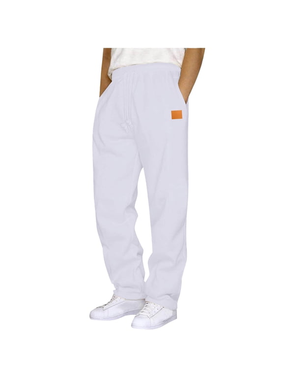 Sweatpants for Men with Pockets Athletic Fitness Pants Leather Label Straight Leg Sweatpants Elastic Waist Drawstring Sweatpants 2025 White,M