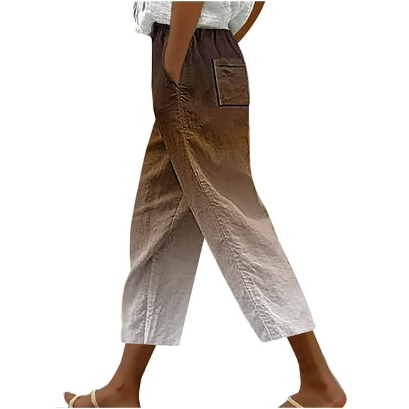 Pxkloy Tie Dye Print Capri Pants for Women,Lightweight Women Cotton Crop Capris Gradient Color High Rise Casual Solid Linen Dressy Capri Pants for Women Loose Fit Brown