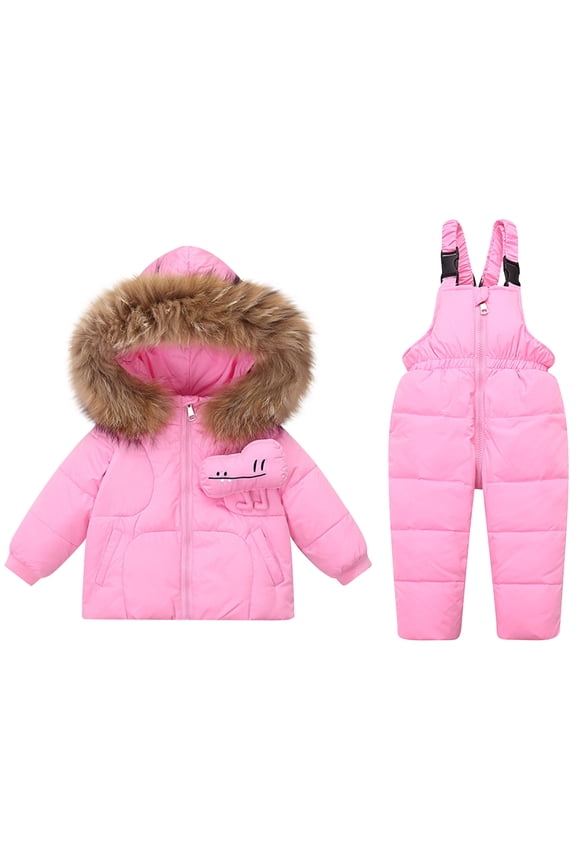 Toddler Kids Winter Snowsuits Fleece Thickened Thermal Skisuits Set Winter Hooded Puffer Jacket and Bib Pants Boy Girls Ski Suits 2025 Pink,1-2Years