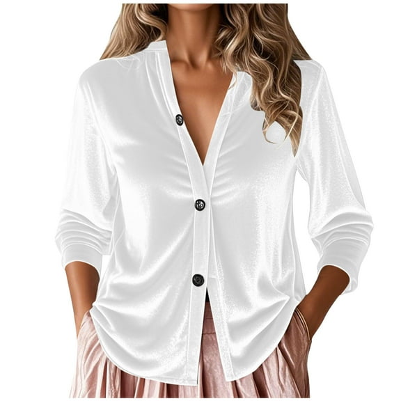 Pxkloy Velour Tops for Women Button Up Plain Solid Shirts 2025 Fall Fashion Casual Blouses Vintage Long Sleeve Trendy Clothes White,L