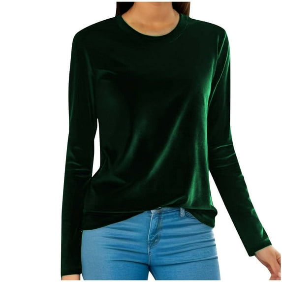 Pxkloy Velvet Blouses for Women Plus Size Long Sleeve Crew Neck Shirt Casual Loose Elegant Tops Comfy Solid Fall Fashion Outfits 2025 Green,XXXXL