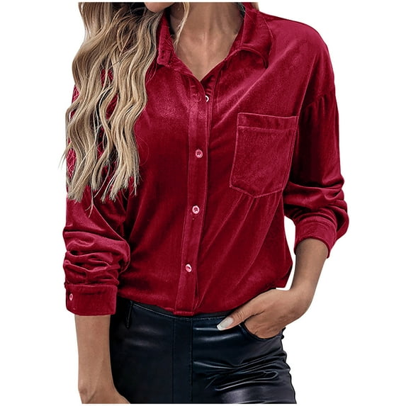 Pxkloy Velvet Button Down Shirt Women Long Sleeve Lapel Solid Tops with Pocket Vintage Casual Trendy Fall Fashion Outfits 2025 Clothes Red,XXL