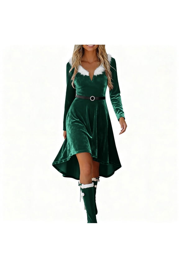 Velvet Casual Dress for Women V Neck High Low Plush Dress Long Sleeve Retro Plain Elegant Dresses Slim Fit Western Dress Green,XL