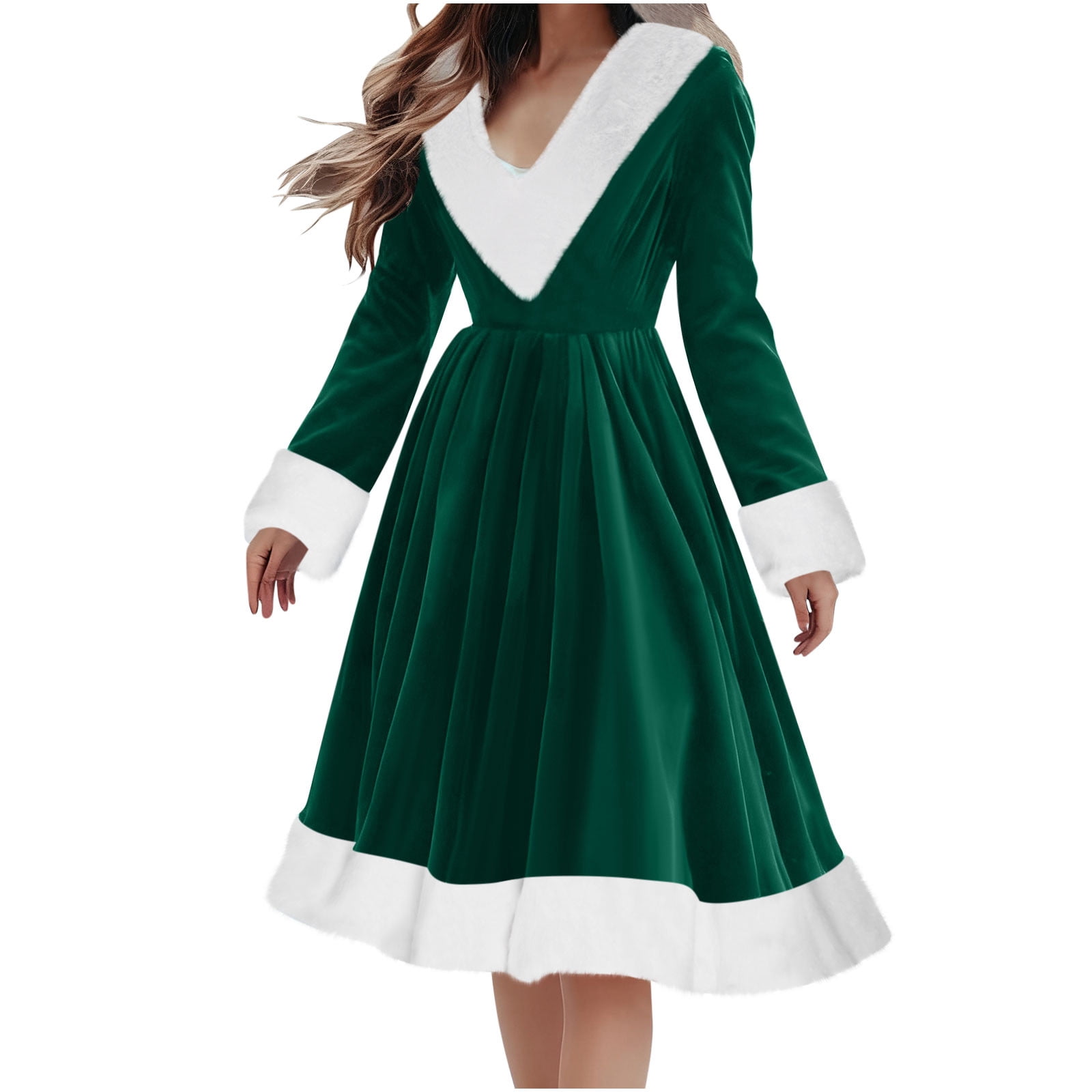 Pxkloy Velvet Christmas Dresses for Women 2025 Cocktail Party Swing Xmas  Dresses Long Sleeve V-Neck Pleated Outfitd Fuzzy Retro Solid Dress Green,XXL  - Walmart.com