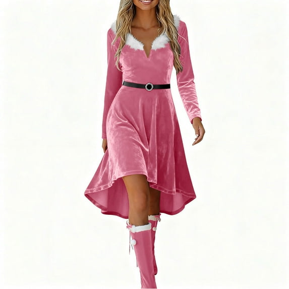 Pxkloy Vintage Velvet Dress for Women Western Fuzzy High Low Dress V Neck Long Sleeve Casual Dresses 2025 Fall Winter Outfits Pink,L
