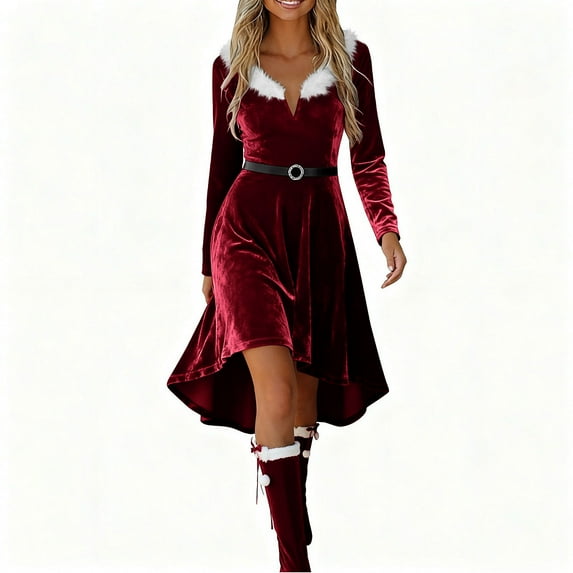 Pxkloy Vintage Velvet Dress for Women Western Fuzzy High Low Dress V Neck Long Sleeve Casual Dresses 2025 Fall Winter Outfits Wine,L