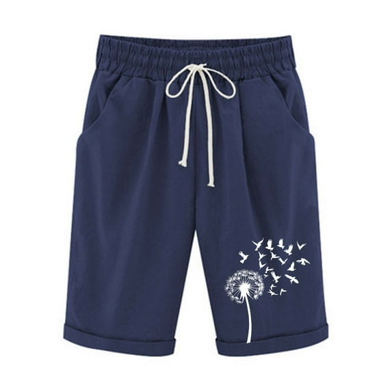 Pxkloy Women Bermuda Shorts Elastic Waist Drawstring Loose Shorts Knee Length Linen Casual Shorts Dandelion Print Summer 2025 Shorts Navy,XXL