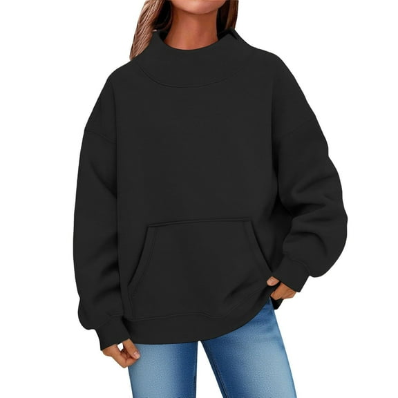Pxkloy Women Casual Loose Sweatshirts with Pocket Mock Turtleneck Pullover Preppy Plain Winter Soft Tops 2025 Fall Fashion Outfits Black,S