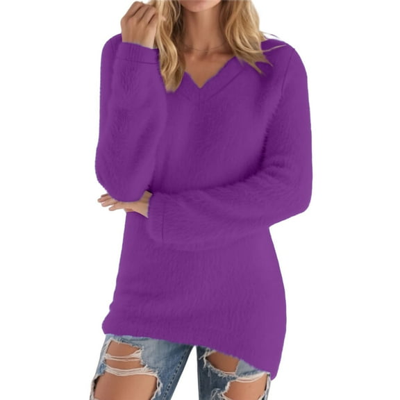 Pxkloy Women Fuzzy Sweater Long Sleeve V Neck Casual Pullovers Fleece Winter Thermal Cozy Loungewear Sweater 2025 Purple,XXL