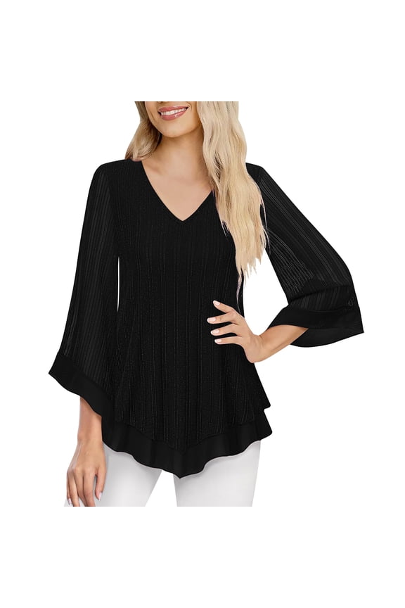 Women Ruffle Sleeve Sequin Top 3/4 Length Sleeve V Neck Mesh Blouses Party Evening Elegant Dressy Shirts 2025 Black,S