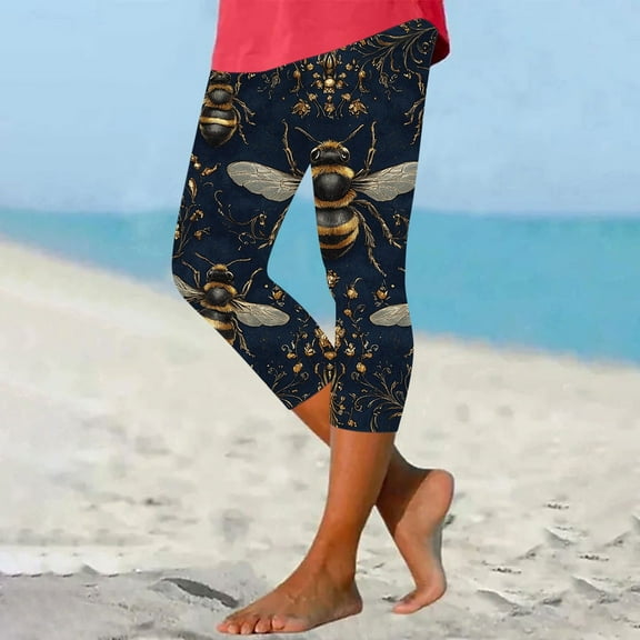 Pxkloy Women Skinny Capri Leggings Cute Bee Printed Knee Length Capris Pants Plus Size Stretchy Slim Fit Cropped Trousers Yoga Pants Multicolor,XL