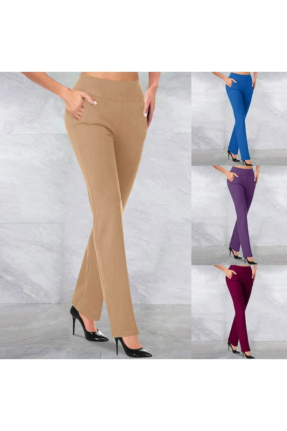 Women Wide Leg Pants High Waist Comfortable Stretchy Trousers Business Casual Flared Straight Leg Pants with Pockets Purple,XL