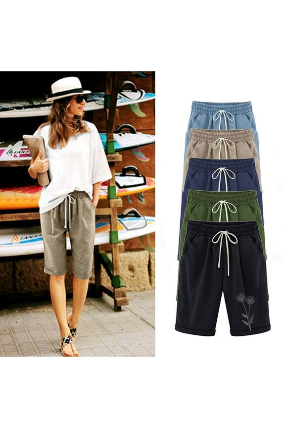 Women's 12" Bermuda Long Shorts with Pockets High Waisted Stretch Knee Length Cotton Linen Shorts for Women Summer Walking Lounge Shorts Light Blue,M