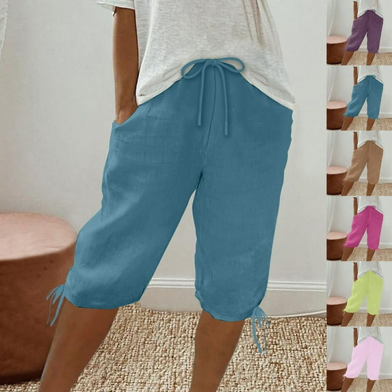 Pxkloy Women's Beach Shorts Summer High Waisted Drawstring Bermuda Shorts Knee Length Cotton Linen Short Pants with Pockets Blue,L