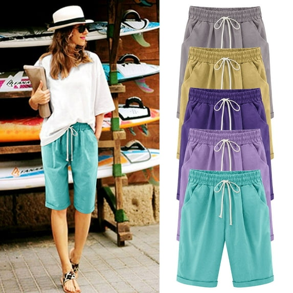 Pxkloy Women's Bermuda 10" Long Shorts with Pockets Solid Color Cotton Linen Shorts Loose Elastic Waist Knee Length Beach Shorts for Summer Yellow,XL