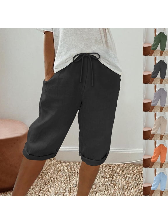 Women's Bermuda Shorts High Waisted Drawstring Cotton Linen Shorts Summer Loose Comfy Knee Length Pants with Pockets Black,XXL