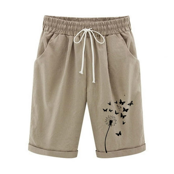 Pxkloy Women's Bermuda Shorts Linen Knee Length Elastic Waist Shorts Drawstring Dandelion Print Shorts Lounge Pockets Summer 2025 Shorts Khaki,S