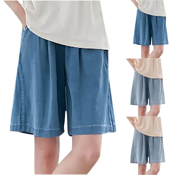 Pxkloy Women's Bermuda Shorts Summer Casual Loose Fit Wide Leg Denim Short High Waisted Knee Length Shorts with Pockets Blue,L