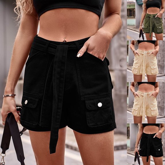 Pxkloy Women's Cargo Shorts High Waisted Straight Jean Short with Pockets Summer Casual Loose Fit Going Out Denim Shorts Black,XXL