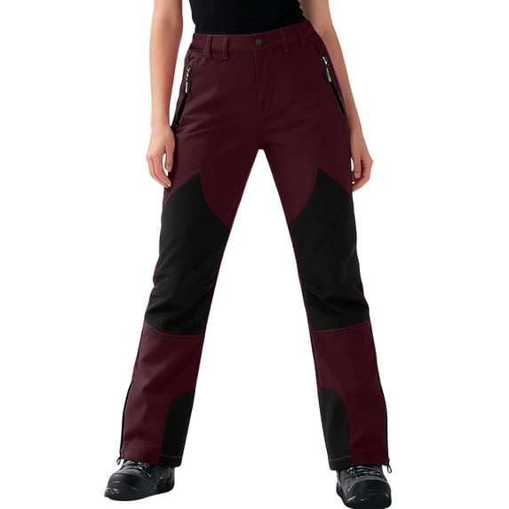 Pxkloy Women's Color Block Hiking Ski Pants Warm Waterproof Trousers Fleece Lined Snowboard Sport Pants with Pocket Red,XL