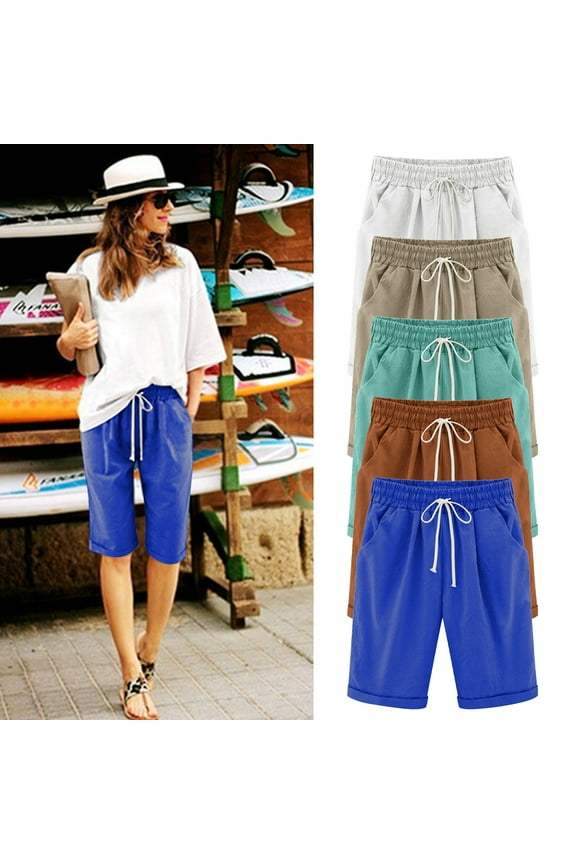 Women's Cotton Shorts Solid Long Bermuda Shorts Knee Length Drawstring Shorts with Pockets for Workout Athletic Casual Summer Coffee,M
