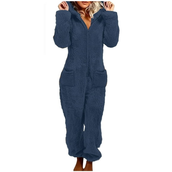Pxkloy Women's Fleece Hoodie Jumpsuit Bear Ear Hooded Zip Pajamas Soft Cozy One Piece Loungewear for Women Navy,XXL