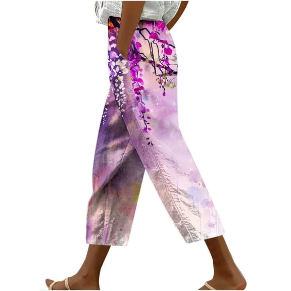 Pxkloy Women's Floral Capri Pants,Lightweight Women Cotton Crop Capris Floral Print High Rise Casual Solid Linen Dressy Capri Pants for Women Loose Fit Multicolor
