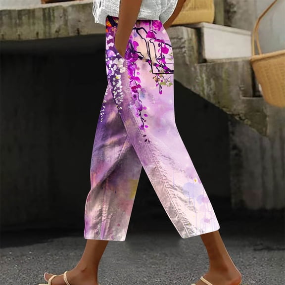 Pxkloy Women's Floral Capri Pants,Lightweight Women Cotton Crop Capris Floral Print High Rise Casual Solid Linen Dressy Capri Pants for Women Loose Fit Multicolor
