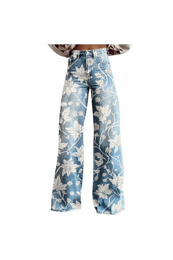 Women's Floral Print Jeans Boho Vintage Wide Leg Denim Pants Casual Button Zipper Twill Full Length Trousers Beige,M