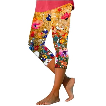 Pxkloy Women's Graphic Leggings Capri,Capri Pants for Women Plus Size Stretch Knee Length Leggings Casual Summer Workout Athletic Running Yoga Pants Multicolor