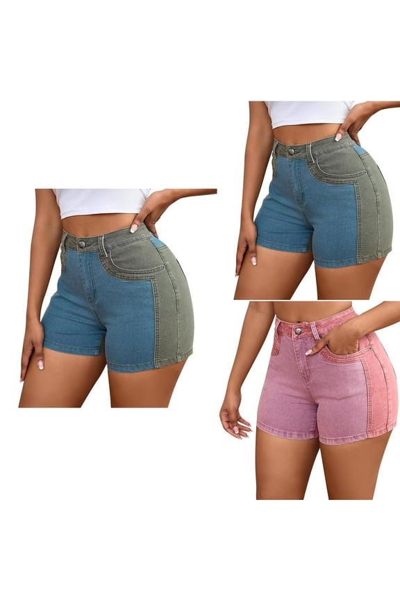 Women's High Waisted Casual Denim Shorts Stretchy Patchwork Jean Shorts Teen Girls Slim Fit Short Jeans with Pockets Pink,M