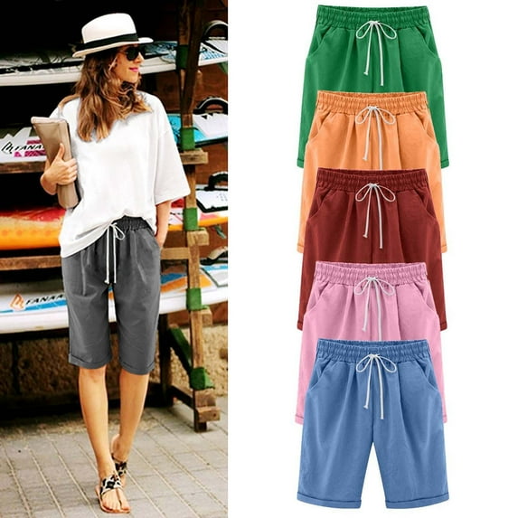Pxkloy Women's Knee Length Bermuda Shorts Elastic Waist Cotton Shorts Plus Size Solid Color Comfy Lounge Summer Shorts with Drawstring Pockets Pink,S