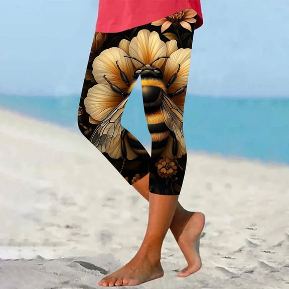 Pxkloy Women's Knee Length Capri Leggings – High Waisted Capri Pants Cute Bee Printed Workout Yoga Running Summer Biker Cycling Leggings Multicolor,L
