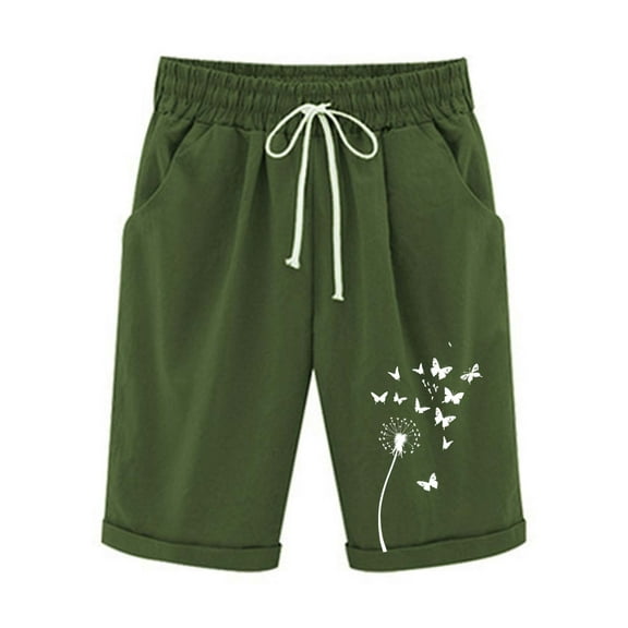 Pxkloy Women's Plus Bermuda Shorts High Waist Drawstring Linen Shorts Knee Length Dandelion Print Shorts Casual Dressy Summer 2025 Shorts Army Green,L