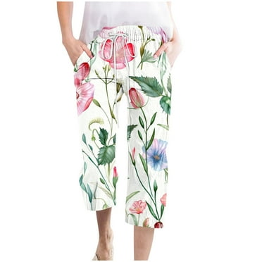 Pxkloy Women's Plus Size Linen Capris,Linen Capri Pants Women Summer Beach Casual Straight Leg Capri Pants Breathable Cropped Pants with Pockets Clearance Sales Today Deals Multicolor